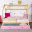 Kinderbett / Hausbett Kiefer Vollholz massiv natur D3, Schublade: Rosa, inkl. Lattenrost - Liegefläche: 80 x 160 cm (B x L)