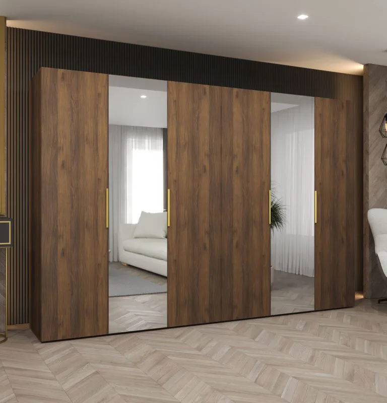 Drehtürenschrank mit vier Kleiderstangen | Farbe: Walnuss | vier Fächer | 3 Meter breit | Griffe: Gold | Soft-Close-Funktion | zwei Spiegeltüren