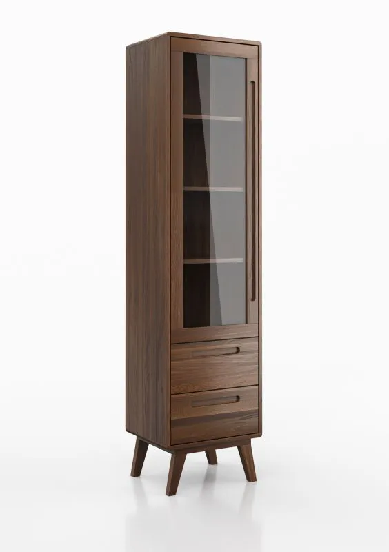 Vitrine Engordany 01 | Buche Vollholz massiv lackiert | Farbe: Walnuss | vier Fächer | Soft-Close-Funktion | zwei Schubladen | Maße: 200 x 50 x 39 cm