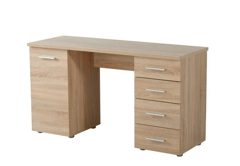 Schreibtisch mit viel Stauraum Arande 01, vier Schubladen, Farbe: Eiche Sonoma, eine Tür, ABS-Kanten, zwei Fächer, Maße: 75,5 x 135 x 50 cm, funktional