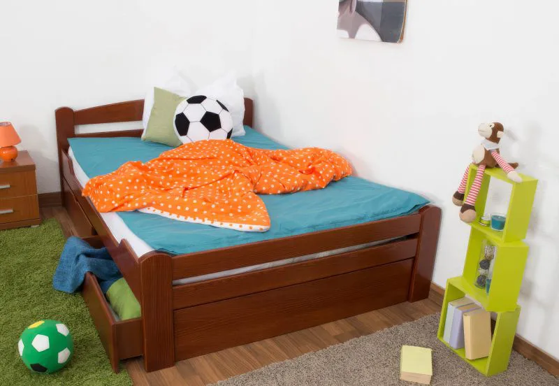 Jugendbett "Easy Premium Line" K4, inkl. 2 Schubladen und 1 Abdeckblende, 140 x 200 cm Buche Vollholz massiv kirschrot lackiert