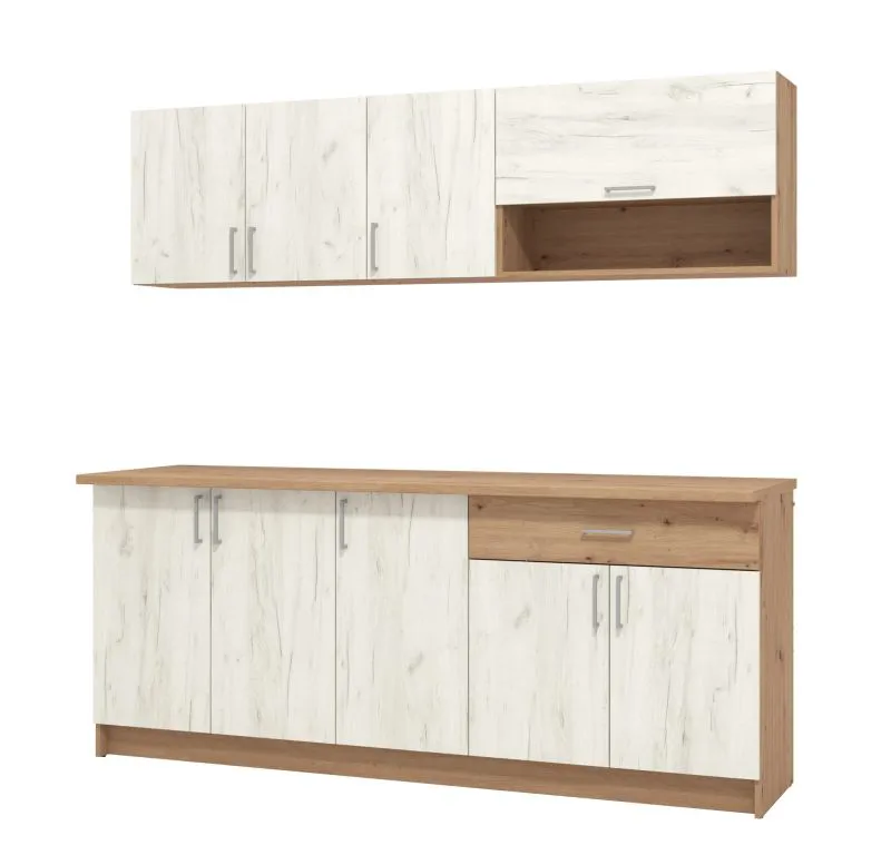 Helle Küchenzeile / Küchenblock Smali 01, Farbe: Eiche Artisan / Eiche Weiß, ABS-Kantenschutz, eine Schublade, genügend Stauraum, 200 cm breit