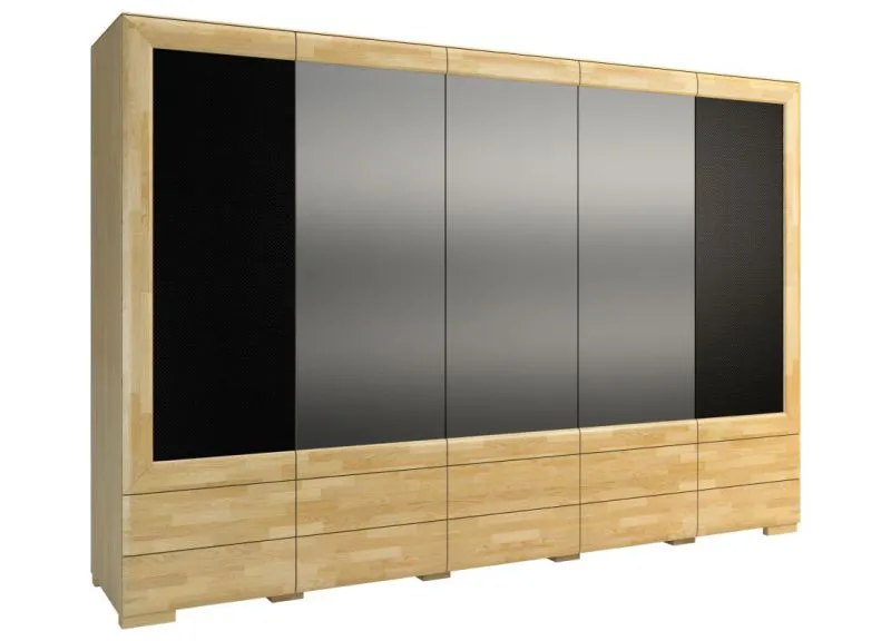 Großer 303 cm breiter Kleiderschrank mit 5 Türen, 16 Fächern und 6 Schubladen | teilmassiv | Farbe: Eiche / Schwarz | Tiefe: 61 cm Abbildung
