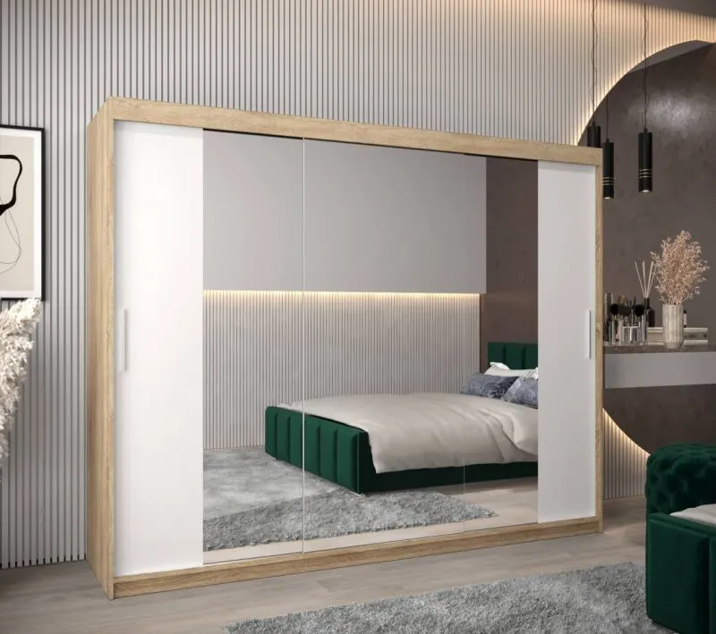 250 cm breiter Kleiderschrank mit 10 Fächern und 3 Türen | Farbe: Sonoma Eiche / Weiß Abbildung
