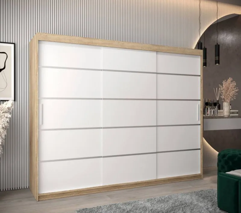 250 cm breiter Kleiderschrank mit 10 Fächern und 3 Türen | Farbe: Sonoma Eiche / Weiß Abbildung