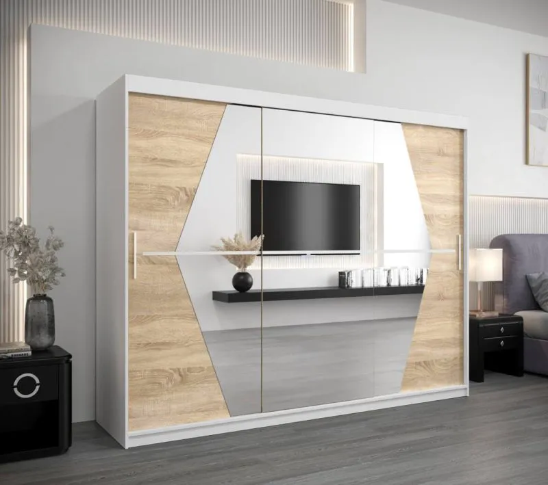 250 cm breiter Kleiderschrank mit 3 Türen | 10 Fächer | Farbe: Sonoma Eiche / Weiß Abbildung
