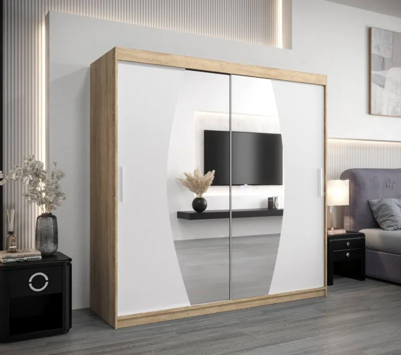 200 cm breiter Kleiderschrank mit 10 Fächern und 2 Türen | Farbe: Sonoma Eiche / Weiß Abbildung