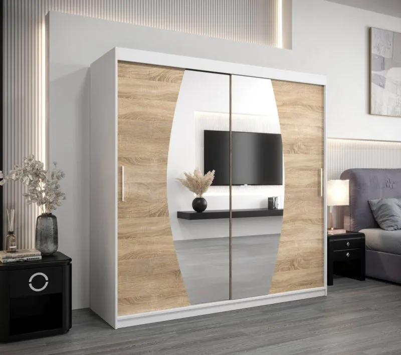 200 cm breiter Kleiderschrank mit 10 Fächern und 2 Türen | Farbe: Sonoma Eiche / Weiß Abbildung
