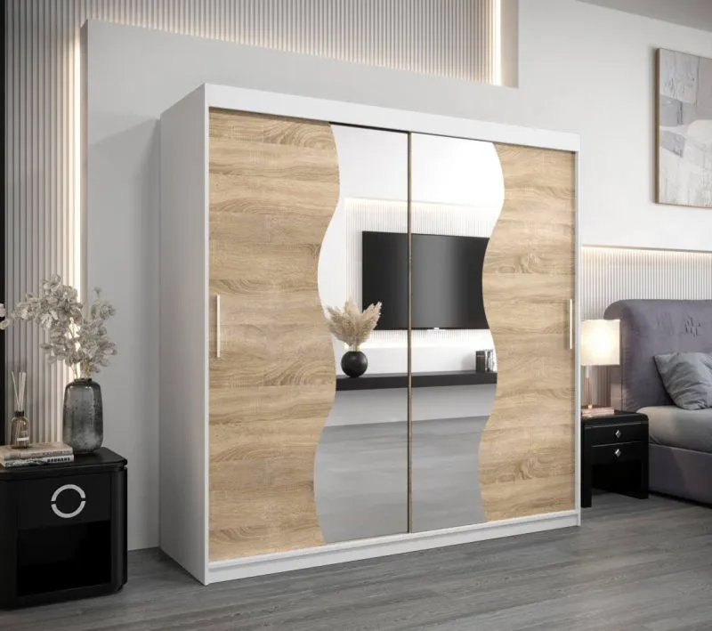 200 cm breiter Kleiderschrank mit 10 Fächern und 2 Türen | Farbe: Sonoma Eiche / Weiß Abbildung
