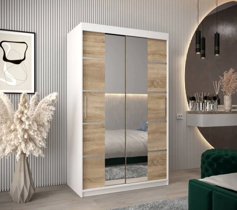 120 cm breiter Kleiderschrank mit 2 Türen | 5 Fächer | Farbe: Sonoma Eiche / Weiß Abbildung
