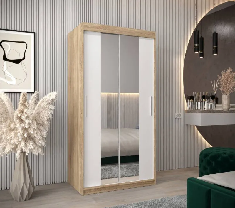 100 cm breiter Kleiderschrank mit 5 Fächern und 2 Türen | Farbe: Sonoma Eiche / Weiß Abbildung