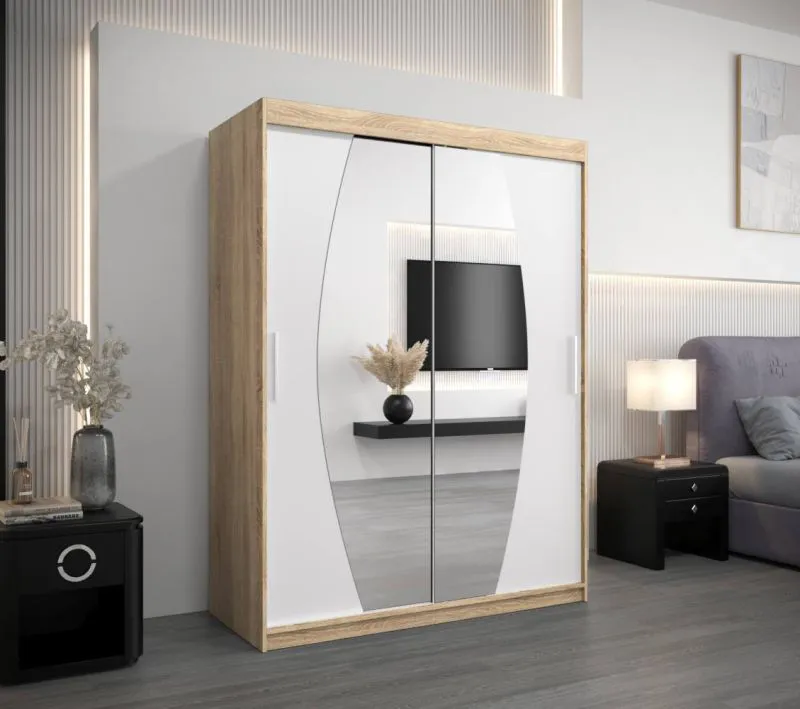 150 cm breiter Kleiderschrank mit 5 Fächern und 2 Türen | Farbe: Sonoma Eiche / Weiß Abbildung