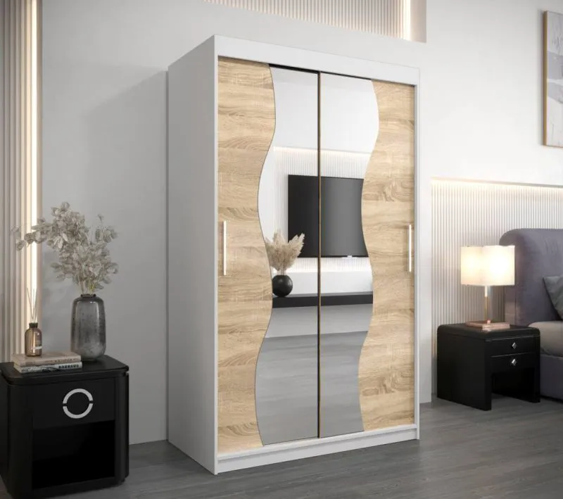 120 cm breiter Kleiderschrank mit 5 Fächern und 2 Türen | Farbe: Sonoma Eiche / Weiß Abbildung