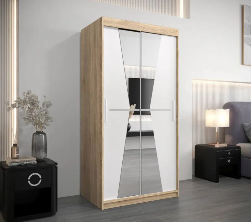 100 cm breiter Kleiderschrank mit 5 Fächern und 2 Türen | Farbe: Sonoma Eiche / Weiß Abbildung