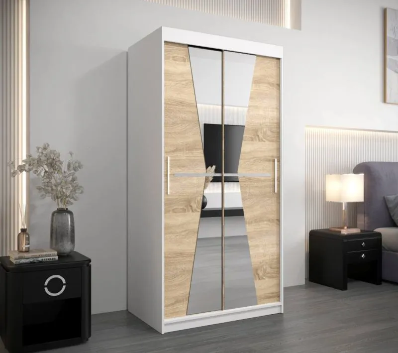 100 cm breiter Kleiderschrank mit 5 Fächern und 2 Türen | Farbe: Sonoma Eiche / Weiß Abbildung