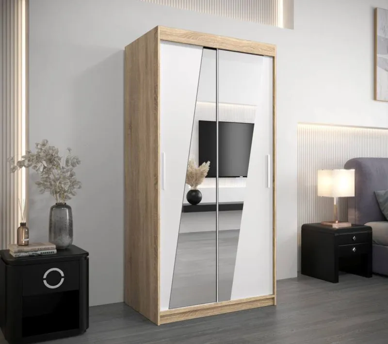 100 cm breiter Kleiderschrank mit 2 Türen | 5 Fächer | Farbe: Sonoma Eiche / Weiß Abbildung