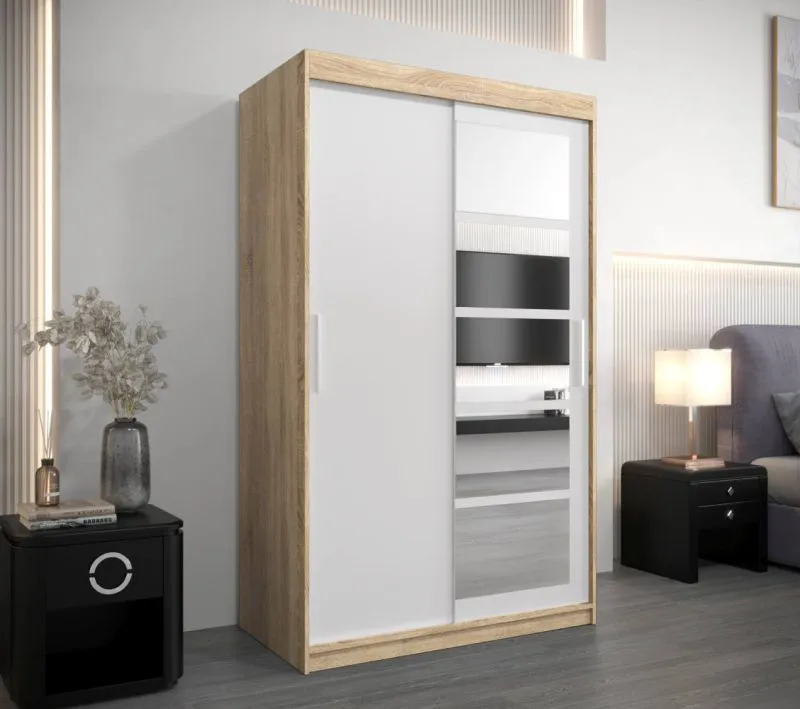 120 cm breiter Kleiderschrank mit 5 Fächern und 2 Türen | Farbe: Sonoma Eiche / Weiß Abbildung