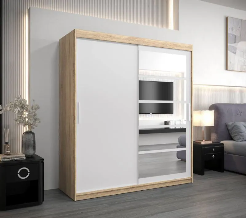 180 cm breiter Kleiderschrank mit 10 Fächern und 2 Türen | Farbe: Sonoma Eiche / Weiß Abbildung