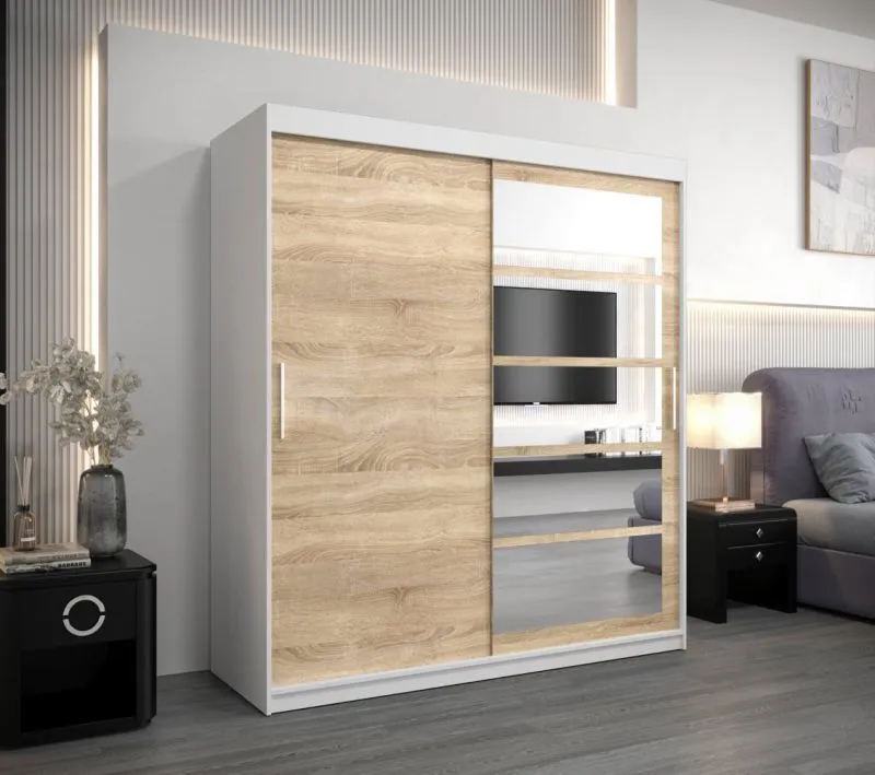 180 cm breiter Kleiderschrank mit 10 Fächern und 2 Türen | Farbe: Sonoma Eiche / Weiß Abbildung