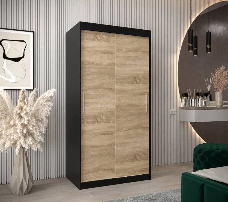 100 cm breiter Kleiderschrank mit 5 Fächern und 2 Türen | Farbe: Schwarz Abbildung