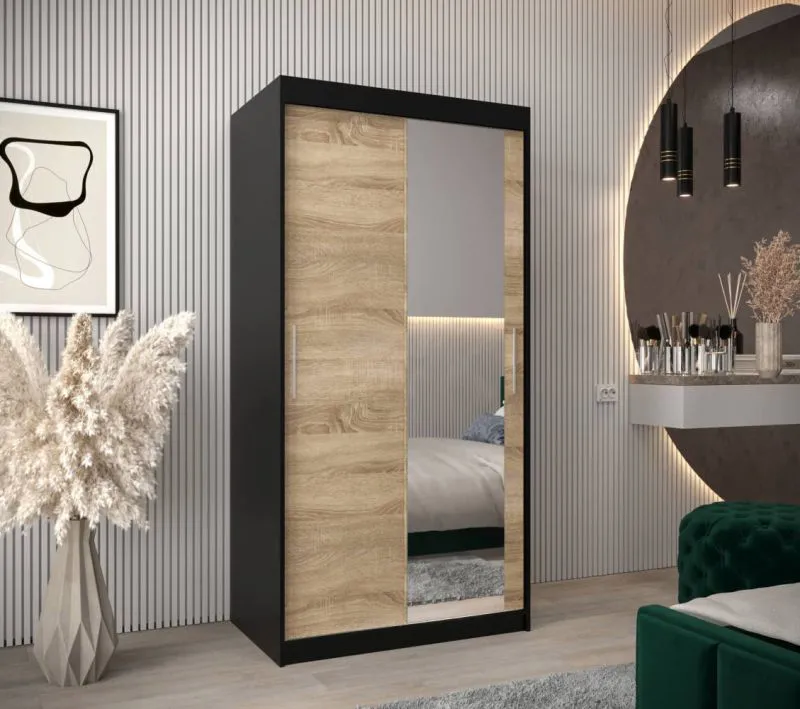100 cm breiter Kleiderschrank mit 5 Fächern und 2 Türen | Farbe: Schwarz Abbildung