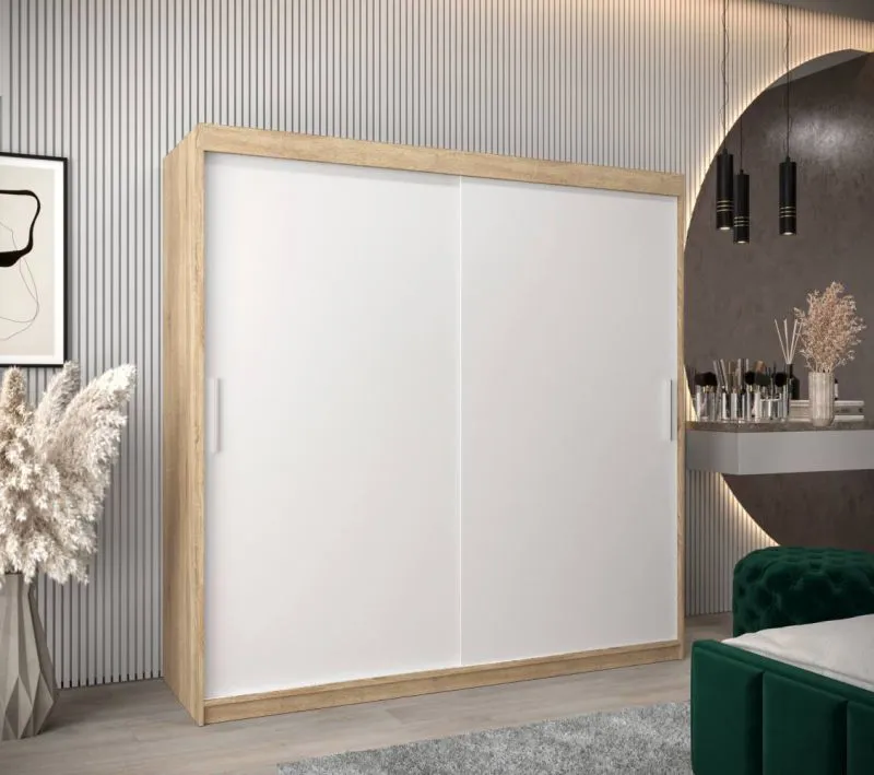 2 Meter breiter Kleiderschrank mit 2 Türen | Farbe: Sonoma Eiche / Weiß Abbildung
