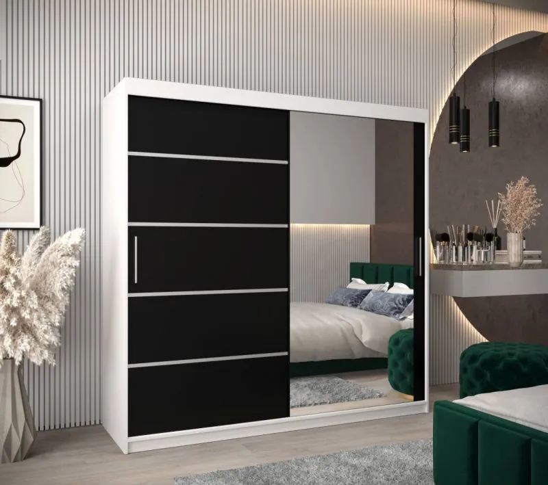 2 Meter breiter Kleiderschrank mit 2 Türen | Farbe: Weiß / Schwarz Abbildung