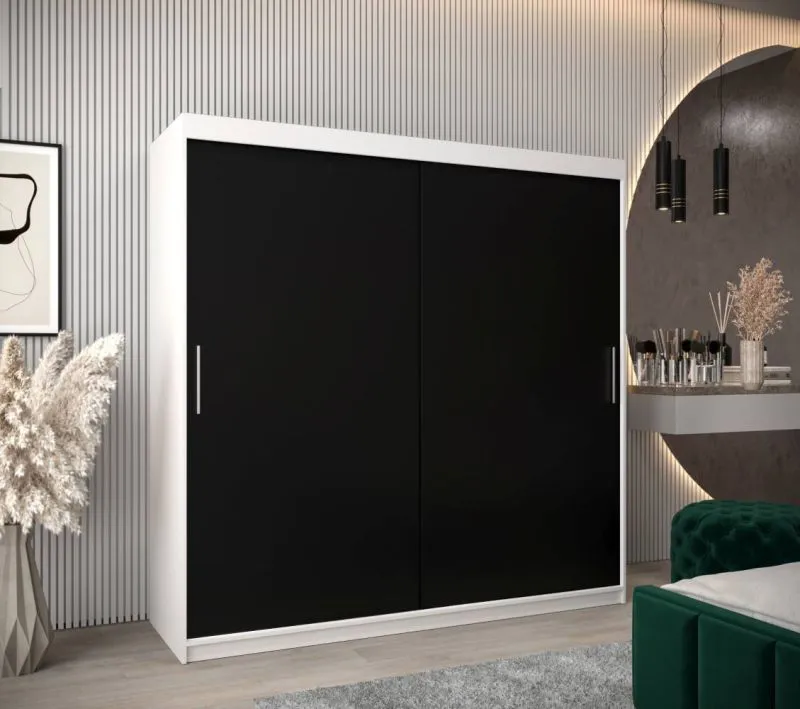 2 Meter breiter Kleiderschrank mit 2 Türen | Farbe: Weiß / Schwarz Abbildung