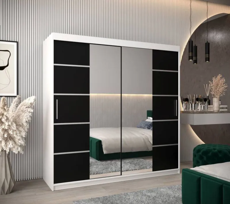 2 Meter breiter Kleiderschrank mit 2 Türen | Farbe: Weiß / Schwarz Abbildung