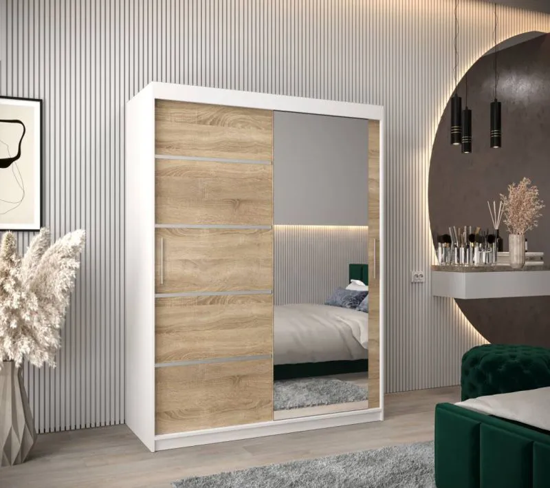 120 cm breiter Schiebetürenschrank mit 2 Türen | 5 Fächer | 2 Kleiderstangen | Farbe: Sonoma Eiche / Weiß Abbildung