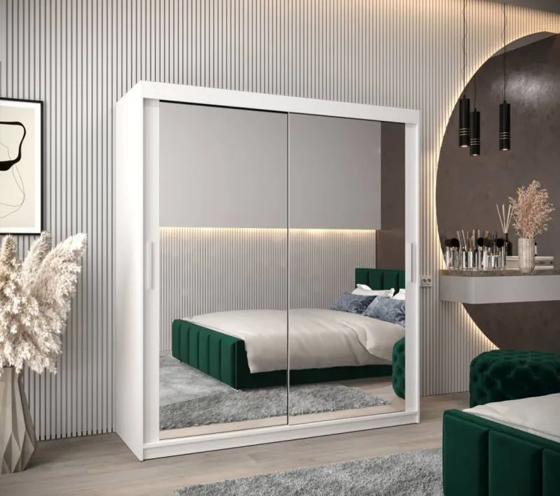 180 cm breiter Schiebetürenschrank mit 2 Türen | 10 Fächer | 2 Kleiderstangen | Farbe: Weiß Abbildung
