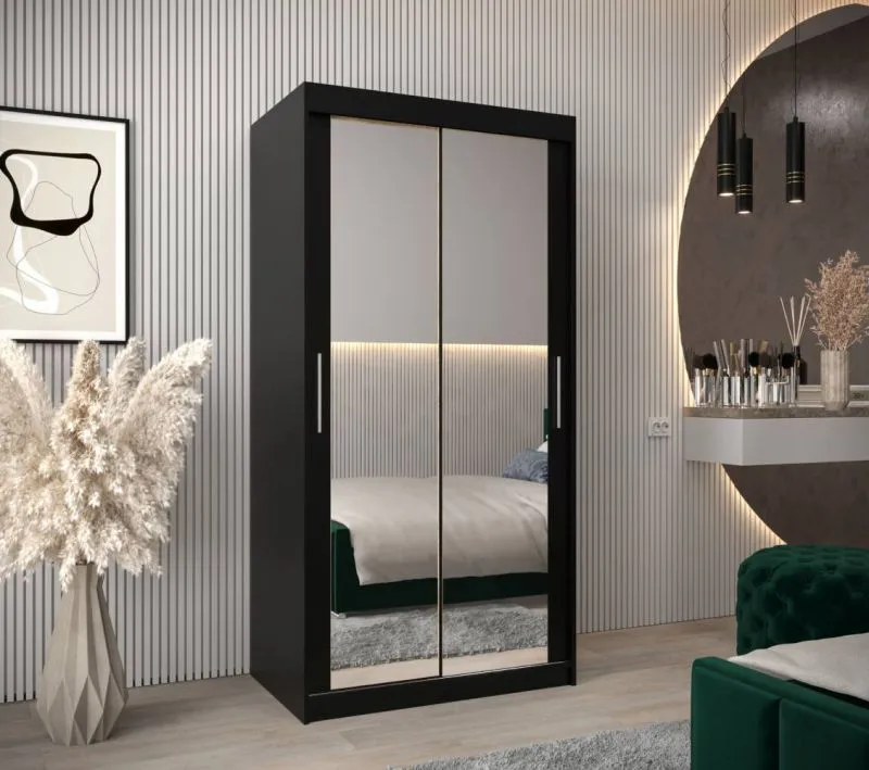 1 Meter breiter Kleiderschrank mit 2 Türen | Farbe: Schwarz Abbildung