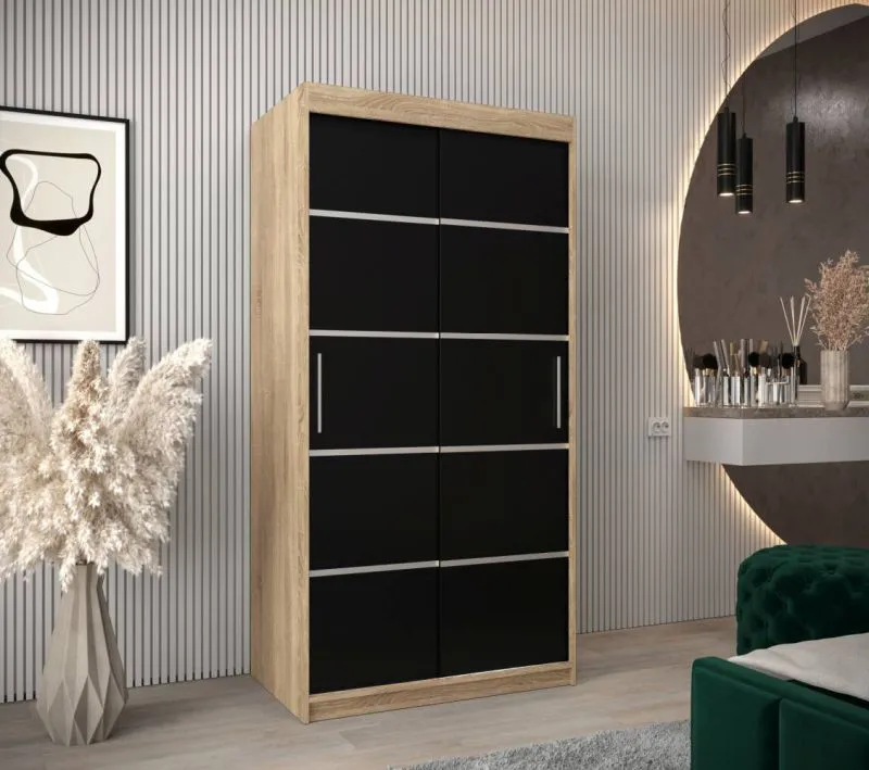 1 Meter breiter Kleiderschrank mit 2 Türen | Farbe: Sonoma Eiche / Schwarz Abbildung