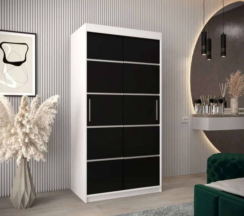 1 Meter breiter Kleiderschrank mit 2 Türen | Farbe: Weiß / Schwarz Abbildung