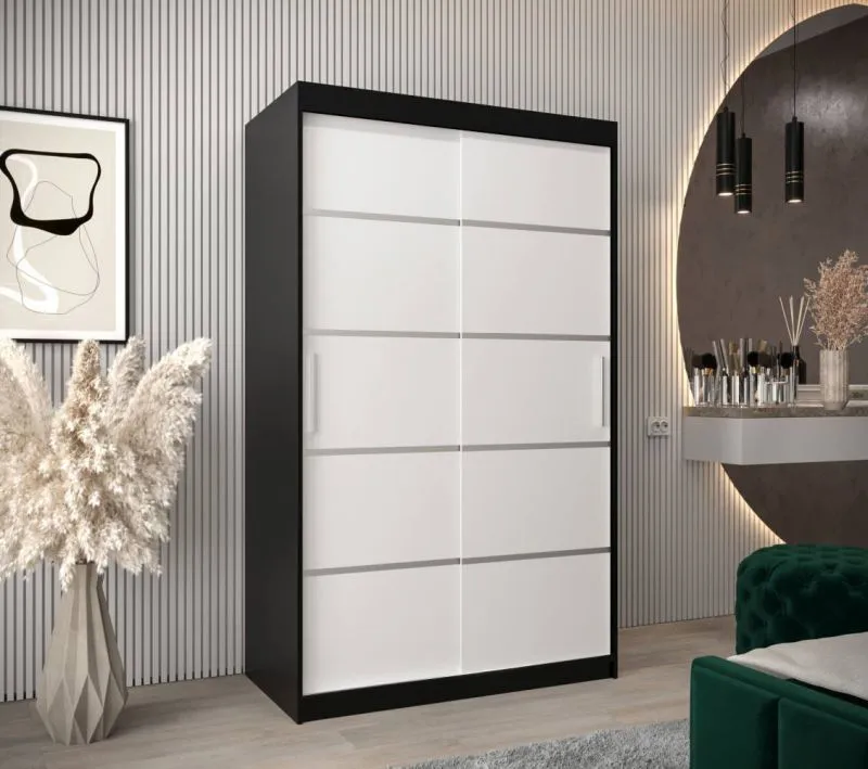 120 cm breiter Schiebetürenschrank mit 2 Türen | 5 Fächer | 2 Kleiderstangen | Farbe: Weiß / Schwarz Abbildung