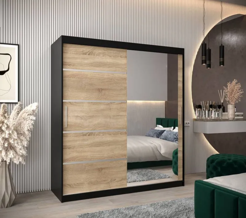 180 cm breiter Schiebetürenschrank mit 2 Türen | 10 Fächer | 2 Kleiderstangen | Farbe: Schwarz Abbildung