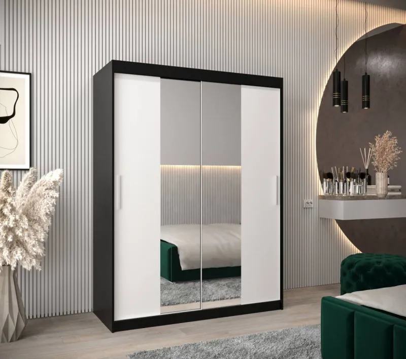 150 cm breiter Schiebetürenschrank mit 2 Türen | 5 Fächer | 2 Kleiderstangen | Farbe: Weiß / Schwarz Abbildung