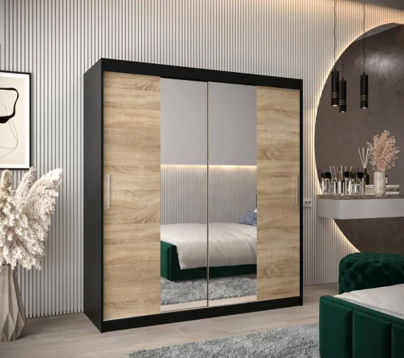 180 cm breiter Schiebetürenschrank mit 2 Türen | 10 Fächer | 2 Kleiderstangen | Farbe: Schwarz Abbildung