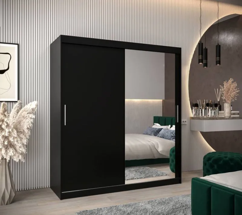 180 cm breiter Schiebetürenschrank mit 2 Türen | 10 Fächer | 2 Kleiderstangen | Farbe: Schwarz Abbildung