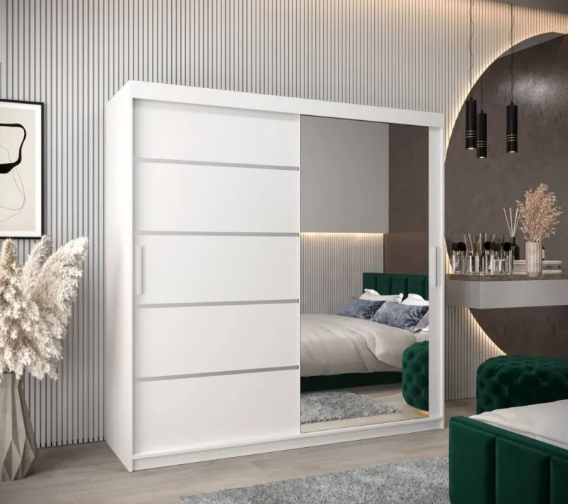 200 cm breiter Schiebetürenschrank mit 2 Türen | 10 Fächer | 2 Kleiderstangen | Farbe: Weiß Abbildung