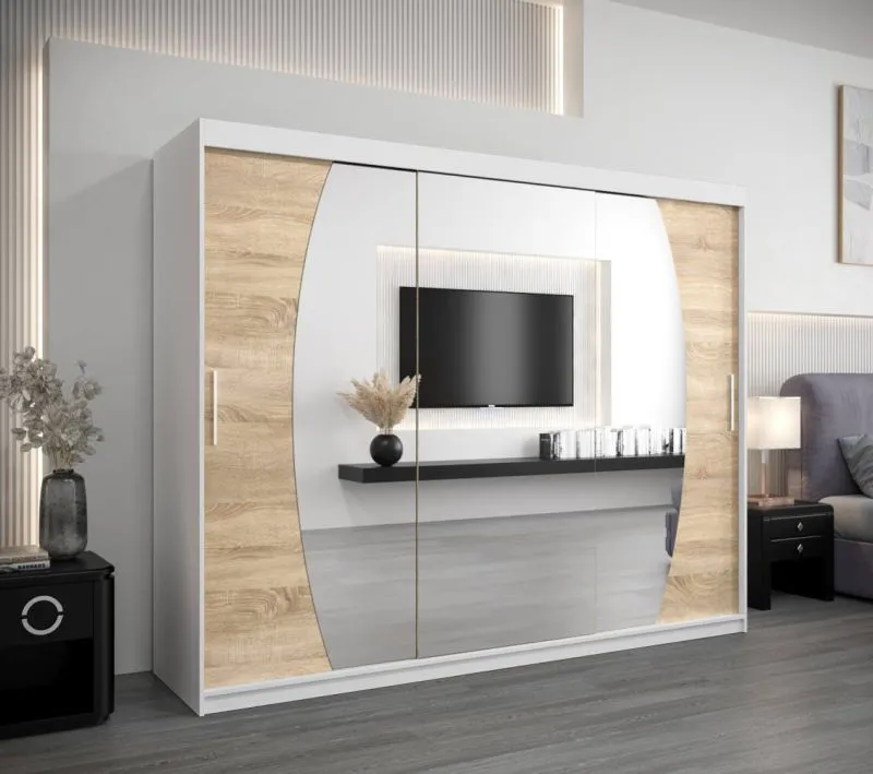 250 cm breiter Schiebetürenschrank mit 3 Türen | 10 Fächer | 2 Kleiderstangen | Farbe: Sonoma Eiche / Weiß Abbildung