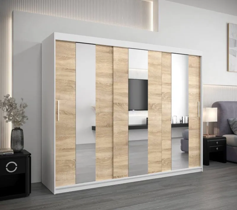 250 cm breiter Schiebetürenschrank mit 10 Fächern und 3 Türen | Farbe: Sonoma Eiche / Weiß | Laminiert Abbildung