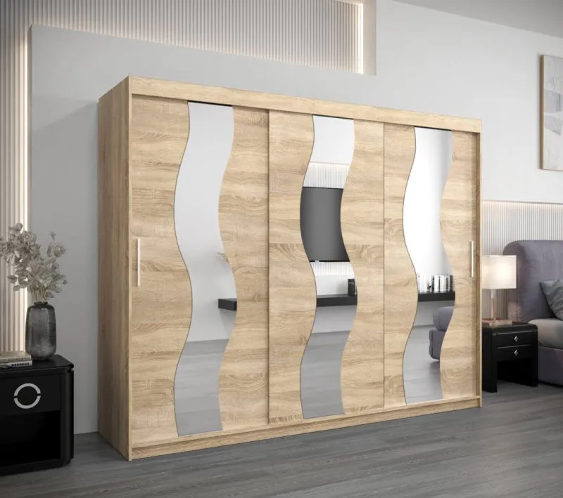 250 cm breiter Schiebetürenschrank mit 3 Türen | 10 Fächer | 2 Kleiderstangen | Farbe: Sonoma Eiche Abbildung