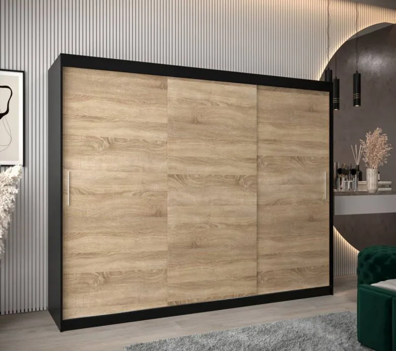 250 cm breiter Schiebetürenschrank mit 3 Türen | 10 Fächer | 2 Kleiderstangen | Farbe: Schwarz Abbildung