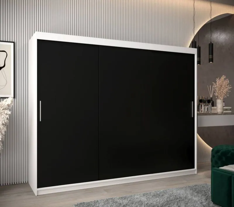 250 cm breiter Schiebetürenschrank mit 3 Türen | 10 Fächer | 2 Kleiderstangen | Farbe: Weiß / Schwarz Abbildung