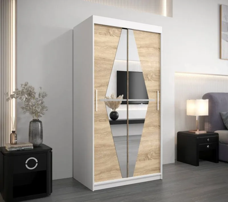 100 cm breiter Schiebetürenschrank mit 5 Fächern und 2 Türen | Farbe: Eiche / Weiß | Laminiert Abbildung