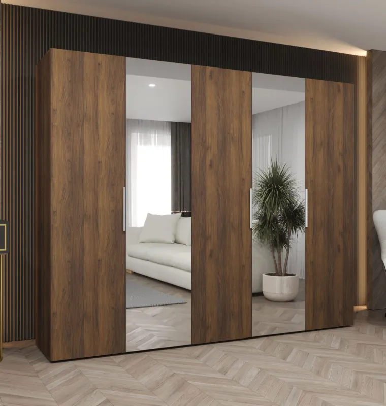 Kleiderschrank mit zwei Spiegeltüren | Farbe: Walnuss | Soft-Close-Funktion | drei Kleiderstangen | 2,5 Meter breit | Griffe: Silber | Drehtürenschrank