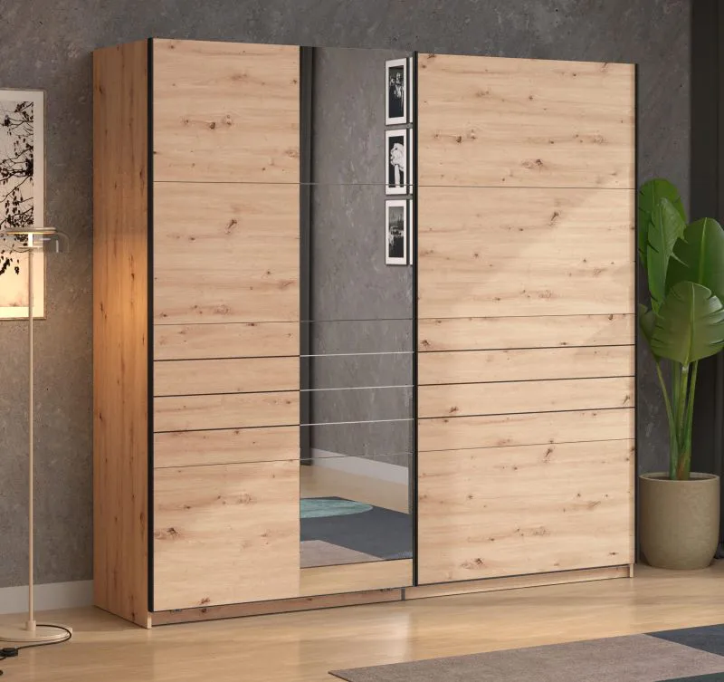Kleiderschrank | Farbe: Eiche Artisan | breit | 1 Spiegeltür | Schiebetürenschrank | Maße: 220 x 61 x 217,5 cm | ABS-Kanten | 2 Kleiderstangen | 2 Fächer
