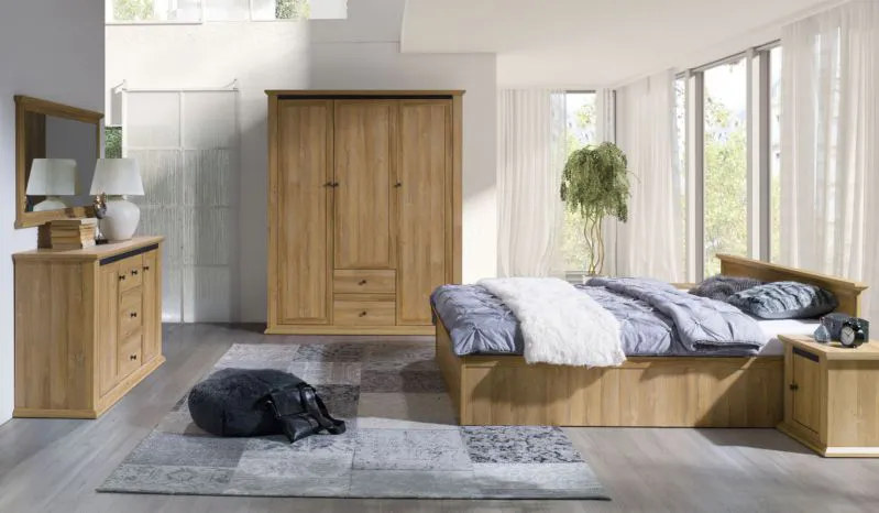 Schlafzimmer Komplett - Set A "Matam" mit Futonbett 140x200, Nachtkommode, Kleiderschrank, Kommode, Spiegel, Farbe: Eiche, inkl. Lattenrost