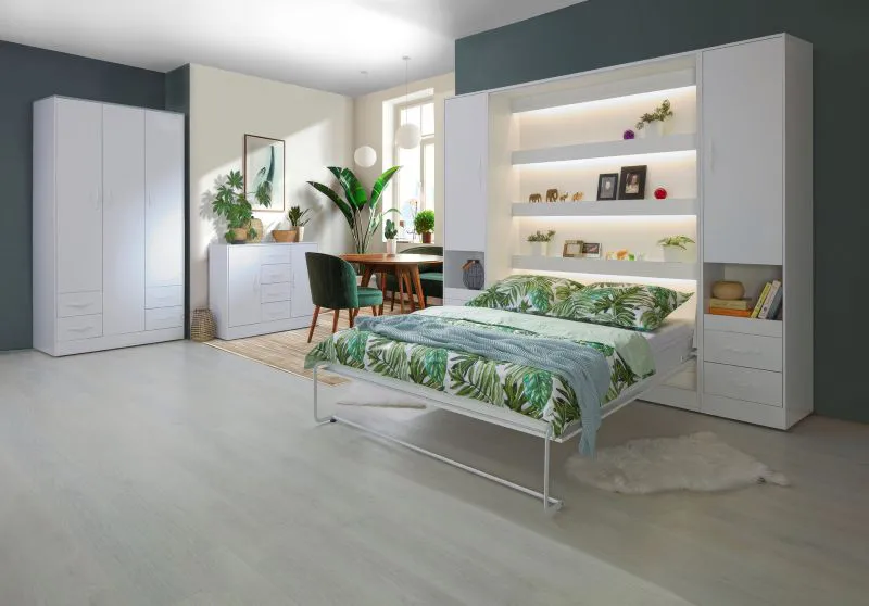 Schlafzimmer Komplett - Set D Nalut in Weiß | 6-teilig | Schrankbett 160 x 200 cm mit LED-Beleuchtung | Kleiderschrank | Kommode